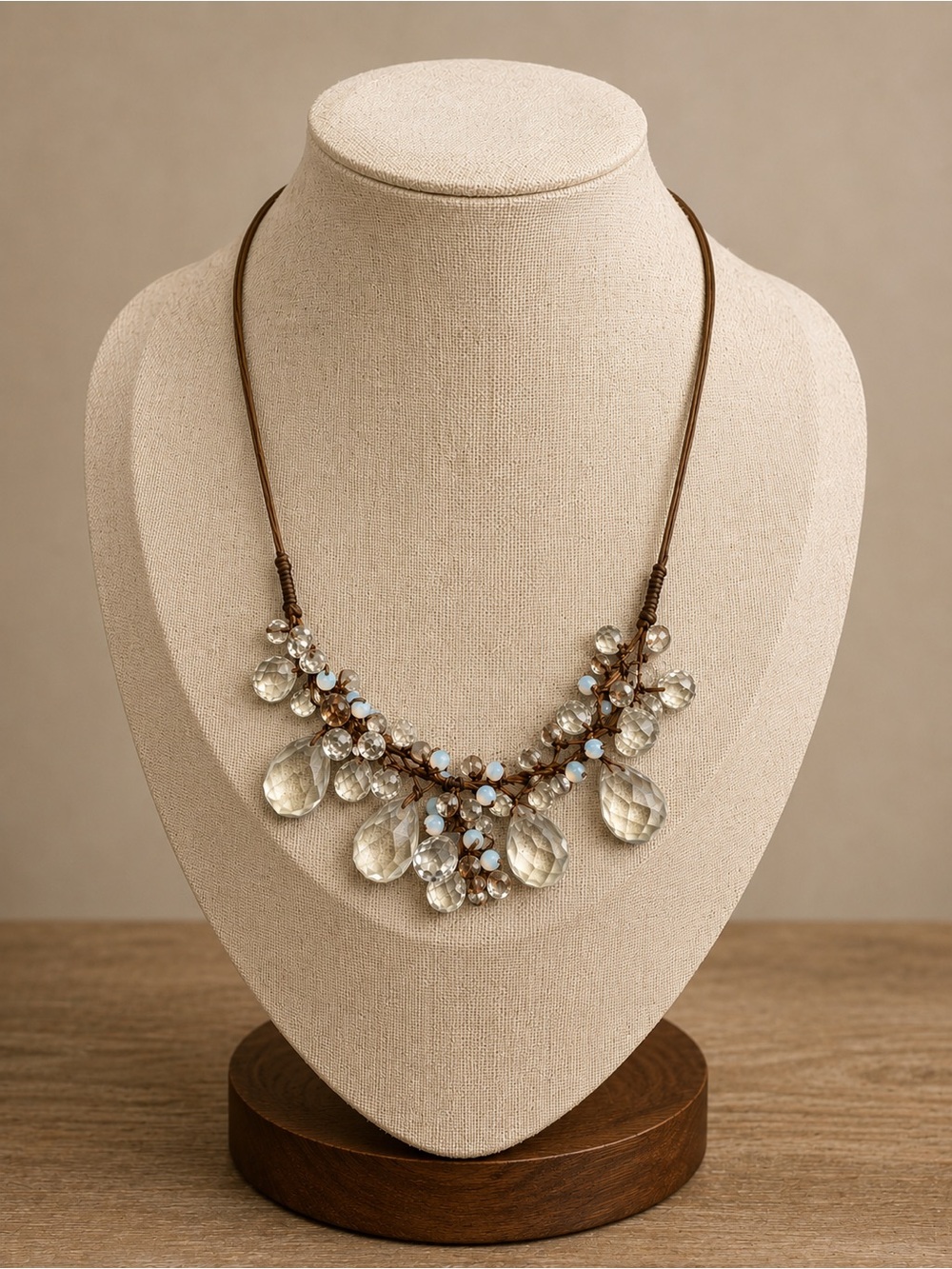 Boho Crystal Cluster Statement Necklace | Neutral Beaded Bib Necklace